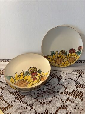 Hand-Painted Floral Ceramic Serving Bowls - Yellow Set of 4